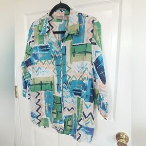 Chico's Multicolor Abstract Button Front Blouse Artsy Teacher Casual Vintage